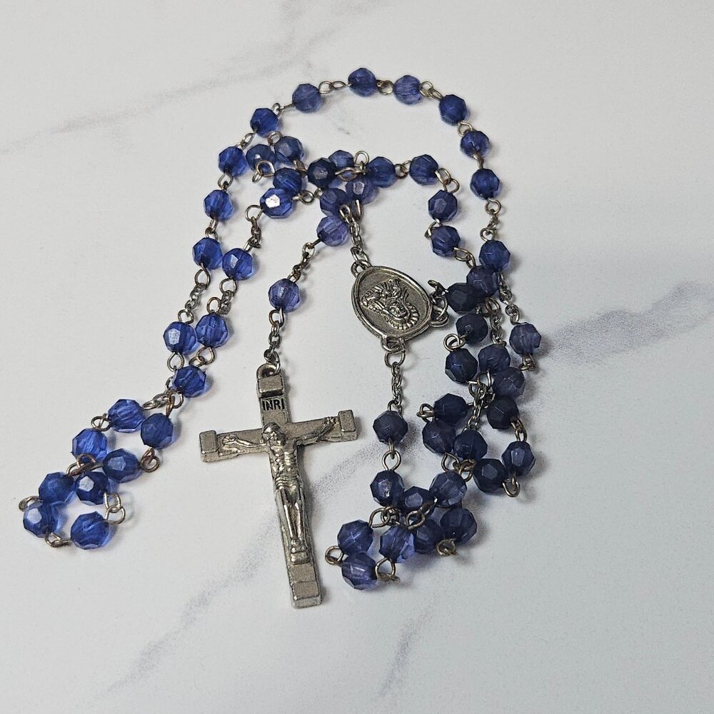 Blue Beads Rosary Silver Tone Metal Catholic Christian Crucifix